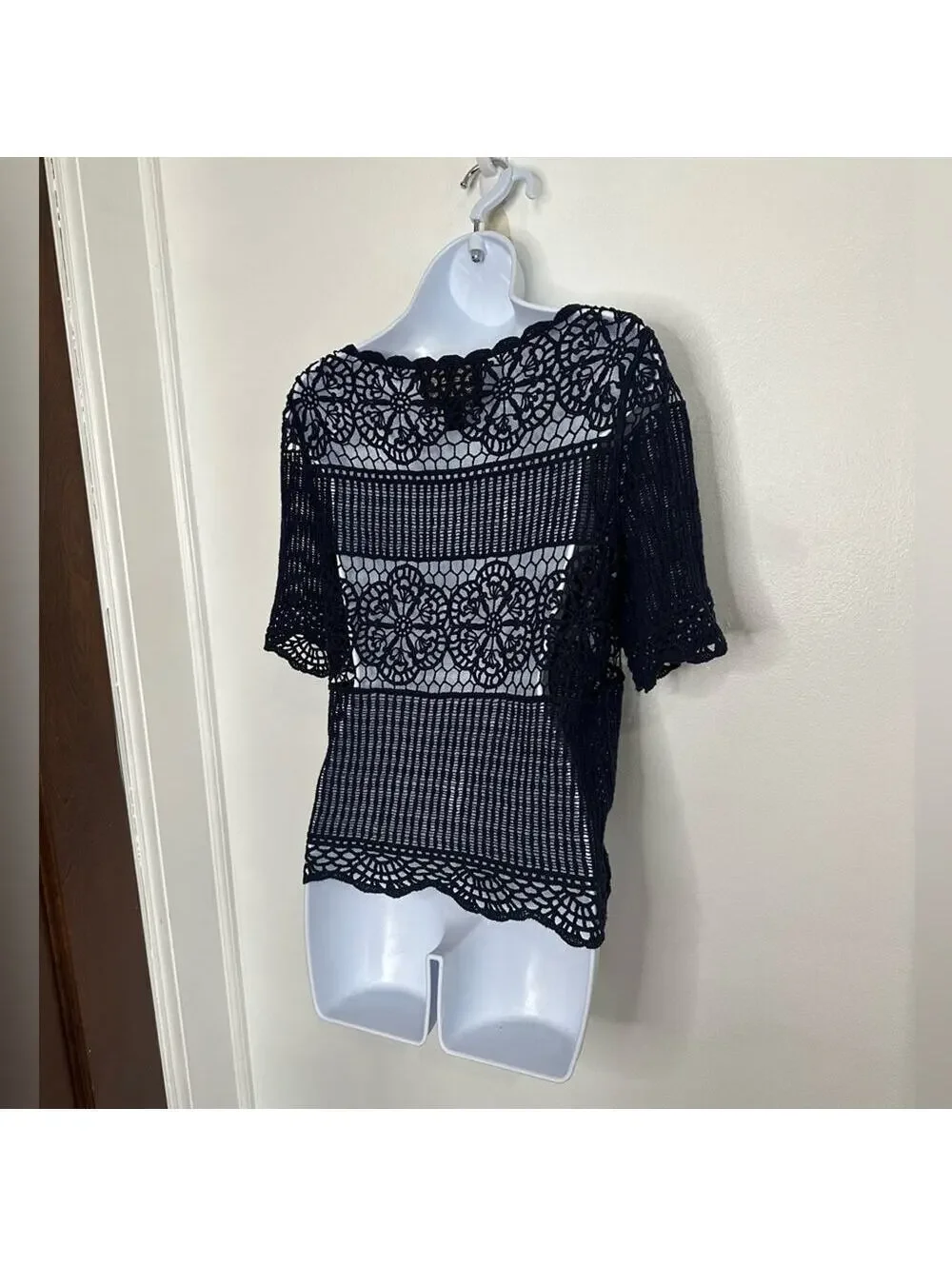 Anthropologie James Coviello Small Navy Blue Open Crochet Cotton Short Sleeve